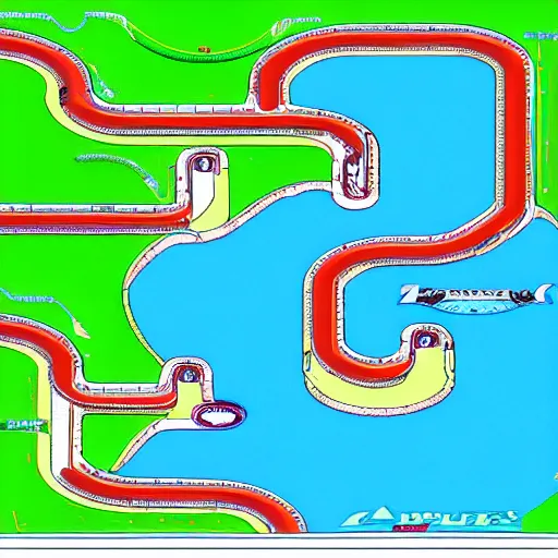 Prompt: Atlantis underwater kingdom world top down fzero wave racer 64 racetrack layout. Mario kart looping racetrack F1 race trail diagram.