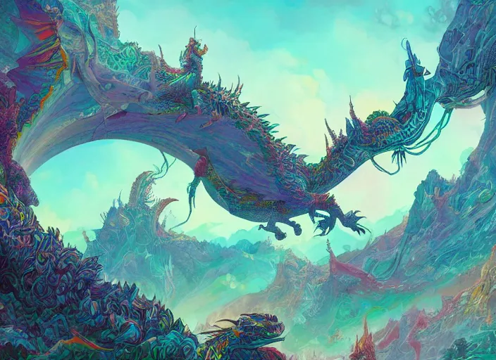 Image similar to psychedelic concept art of a dragon landscape made of thousands of dragons, cel shaded, in the style of makoto shinkai and moebius and peter mohrbacher and anton fadeev