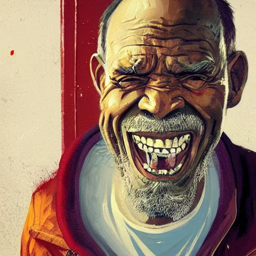 Prompt: old man portrait, face smiling, golden teeth, grenade in mouth, flat background, greg rutkowski gta san andreas art