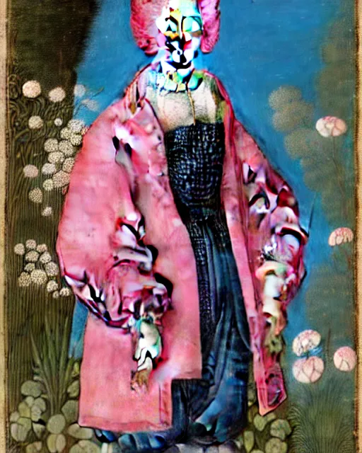 Prompt: portrait of a woman with pink hair buns, wearing a blue puffer jacket and baggy jeans, standing in a garden full of plants and flowers, white background, intricate details, high detail, in the style of rogier van der weyden and jacopo da pontormo, punk, asian art,