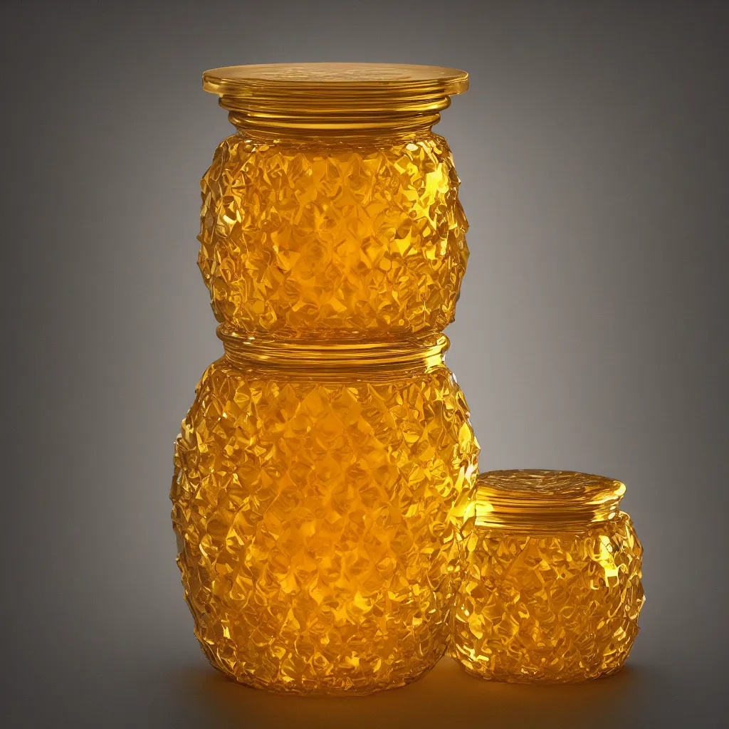 Prompt: elaborate low poly faceted honey jar, golden glistening, light bloom, octane render, product photography, studio photography, sharp high contrast