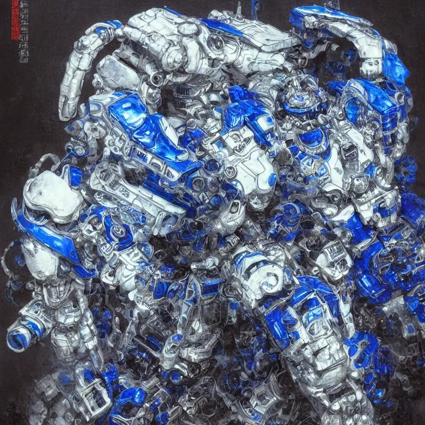 Image similar to a dark baroque close - up portrait of an ornate blue and white porcelain mecha made out of white vitrified translucent ceramic ; china. reflective detailed textures. gloomy black background. highly detailed fantasy science fiction painting by moebius, norman rockwell, frank frazetta, and syd mead. rich colors, high contrast. artstation