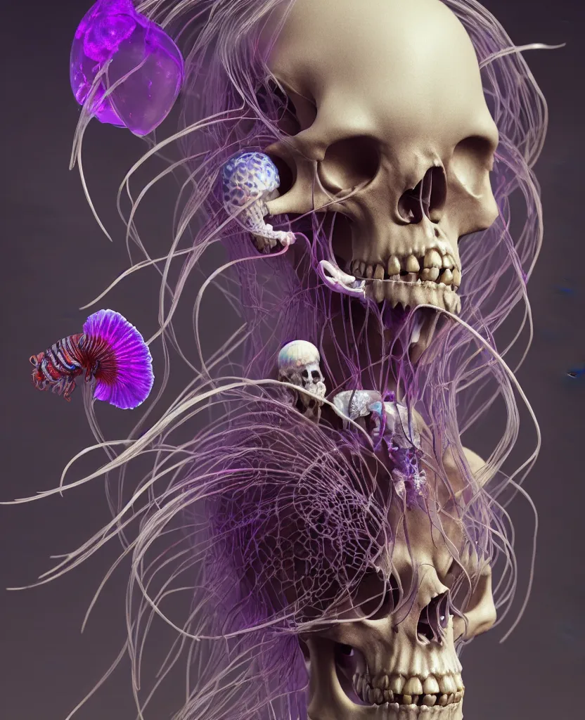 Image similar to goddess close - up portrait human skeleton, ram skull, jellyfish, orchid, betta fish, bioluminiscent, intricate artwork by tooth wu and wlop and beeple. octane render, trending on artstation, greg rutkowski very coherent symmetrical artwork. cinematic, hyper realism, high detail, octane render, 8 k