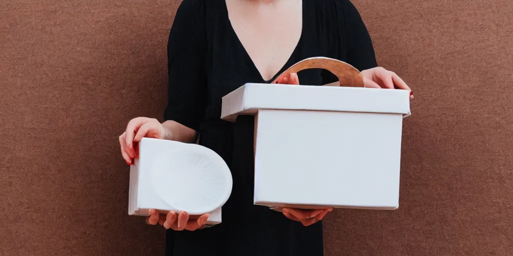 Prompt: a woman is holding a box of food., colors whitesmoke, white, linen, antiquewhite