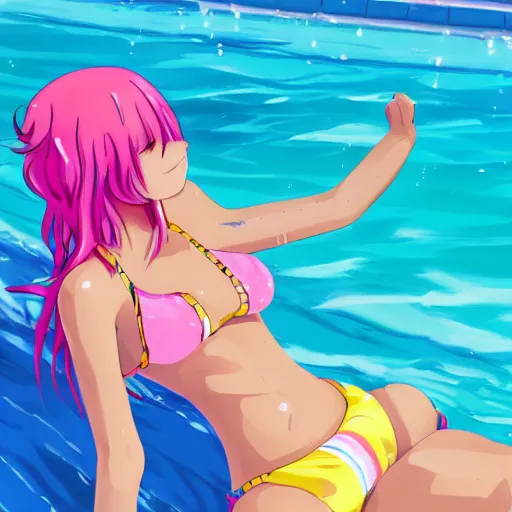 Prompt: splashing water, bikini, Tall pretty anime girls, gorgeous, hair color teal yellow and pink hair, sunbathing at the pool, beach, pixiv style