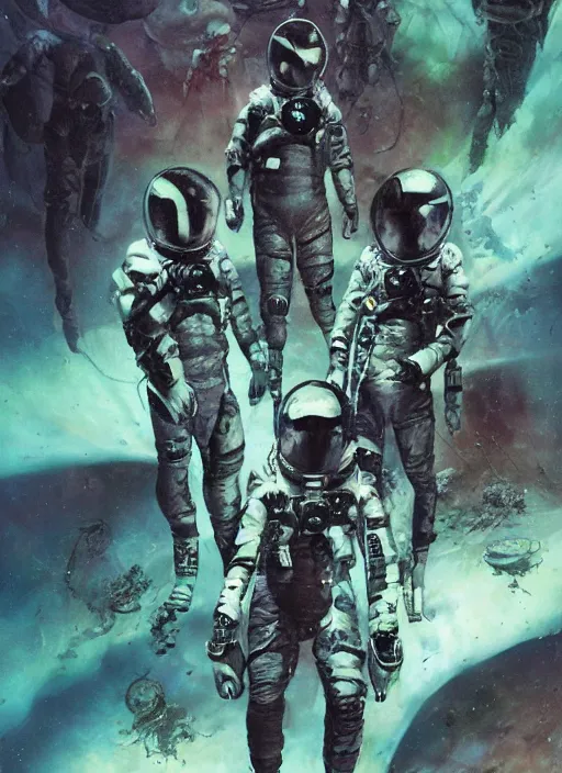 Image similar to astronauts in dark void underwater - complex and hyperdetailed technical suit. reflection and dispersion materials. rays and dispersion of light. volumetric light. f / 3 2. noise film photo. flash photography. ultra realistic, wide angle. poster by wayne barlowe, hajime sorayama aaron horkey, craig mullins