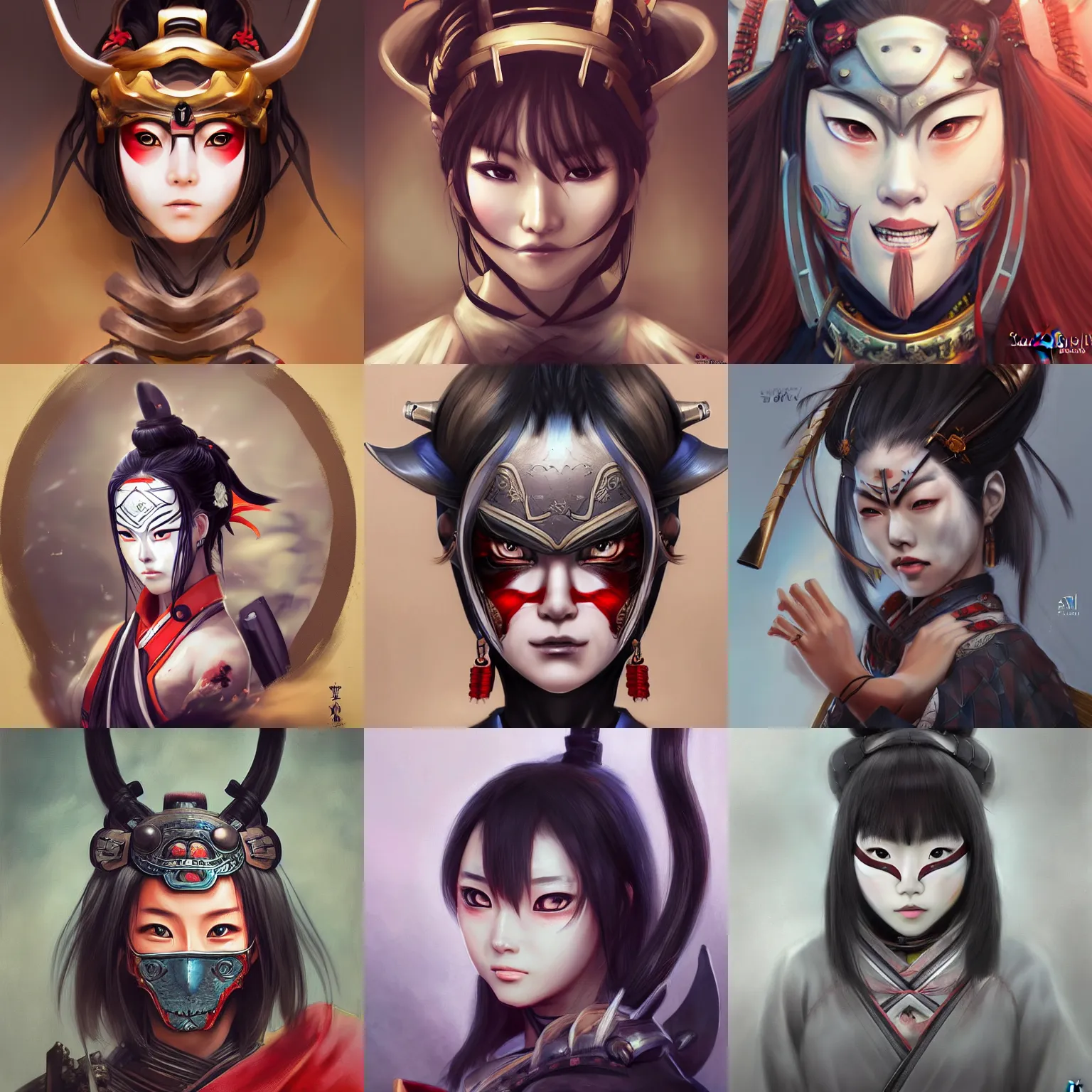 Prompt: A realistic anime portrait of a samurai woman, wearing an Oni mask on face, wearing samurai armor, digital painting, by Stanley Artgerm Lau, WLOP, and Rossdraws, digtial painting, trending on ArtStation, deviantart