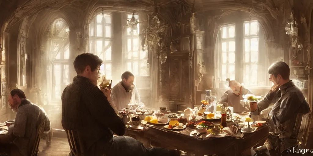 Prompt: an english man and a Chtulhuhaving breakfast in the morning, light coming through window, hitting on the table, they sat on a chair, in the style of harry potter, volumetric lighting, cinematic composition, 8K wallpaper, hypermaximalist, hyper realistic, super detailed, octane,illustration, art by Krenz Cushart, fantasy, intricate, elegant, highly detailed, digital painting, artstation, concept art, smooth, sharp focus, illustration