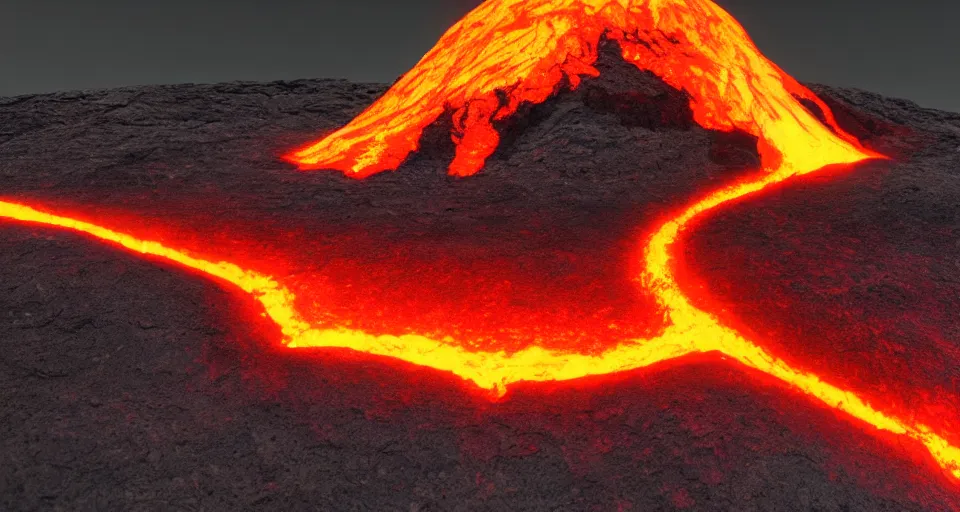 Image similar to volcano with glowing orange lava rolling down the side of it, low lighting, unreal engine 5 octane render