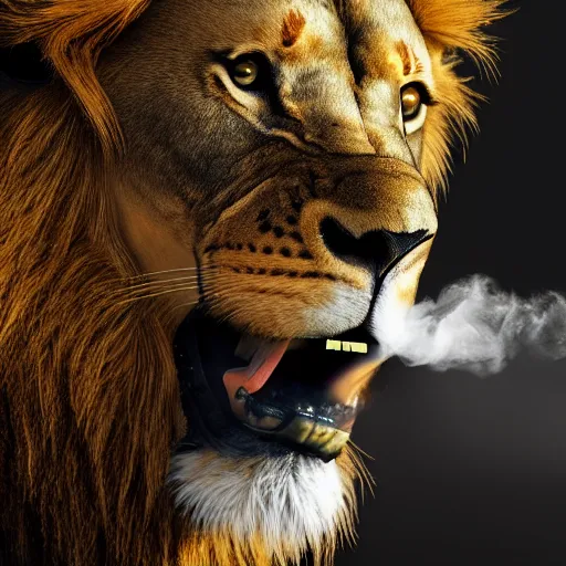 Image similar to a lion smoking a cigar, dramatic lighting, cinematic, establishing shot, extremely high detail, foto realistic, cinematic lighting, post processed, concept art, high details, cinematic, 8k resolution, beautiful detailed, photorealistic, digital painting, artstation, concept art, smooth, sharp focus, artstation trending, octane render, unreal engine