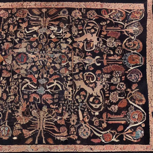 Prompt: fossilized skeleton of persian carpet, museum photo