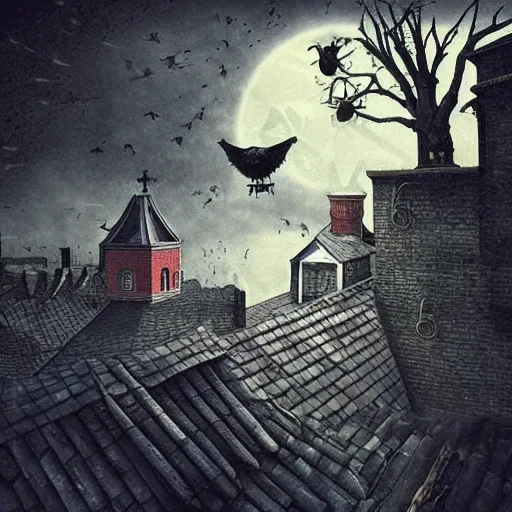 Image similar to A clown on the roof of the church playing with crows, by Android Jones and M. C. Escher collaboration, futurist, digital art, dramatic lighting, symbolic