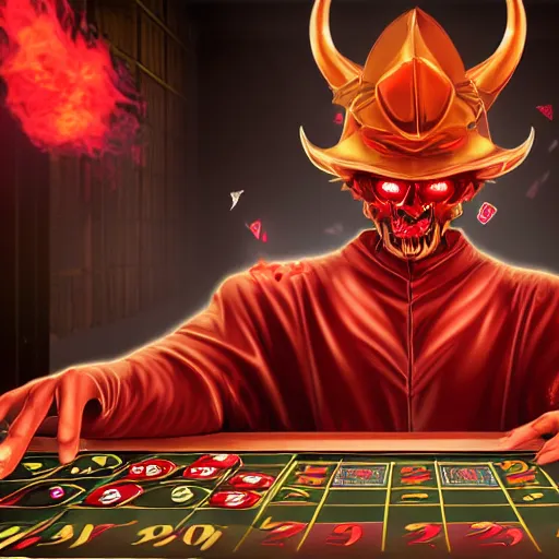 Prompt: a charismatic solid gold demon in a gambling den, red mist surrounding, studio gibli - n 9