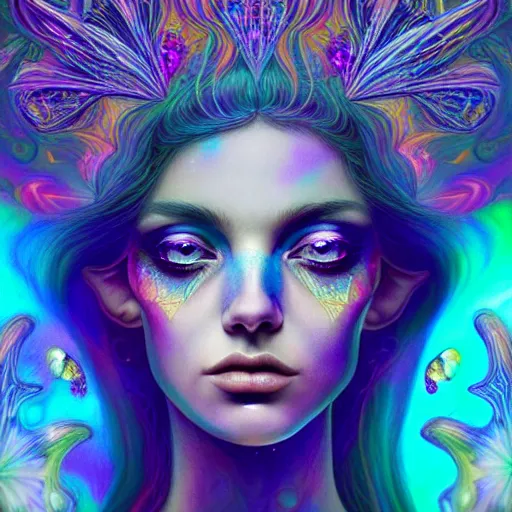 Image similar to An extremely psychedelic crystalline soul fairy, multifaceted, crystals, surreal, dramatic lighting, magic mushrooms, psilocybin, LSD, face, detailed, intricate, elegant, lithe, highly detailed, digital painting, artstation, concept art, smooth, sharp focus, illustration, art by Krenz Cushart and Artem Demura and alphonse mucha