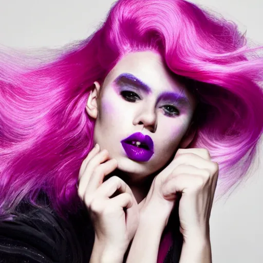 Image similar to a woman with pink hair and purple eyebrows, editorial fashion photography