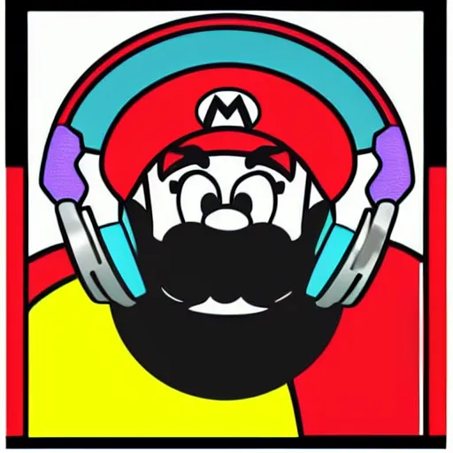 Image similar to svg sticker of a Pop-Wonder SuperMario, Mario-Wearing-a-red-hat, at a rave, spinning records, giant headphones rocking out, wearing headphones, huge speakers, dancing, rave, DJ, spinning records, digital art, amazing composition, rule-of-thirds, award-winning, trending on artstation, featured on deviantart