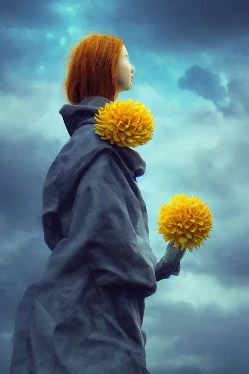 Prompt: closeup girl with giant yellow dahlia flower as a face, standing on mountain, surreal photography, blue storm clouds, dramatic light, impressionist painting, digital painting, artstation, simon stalenhag