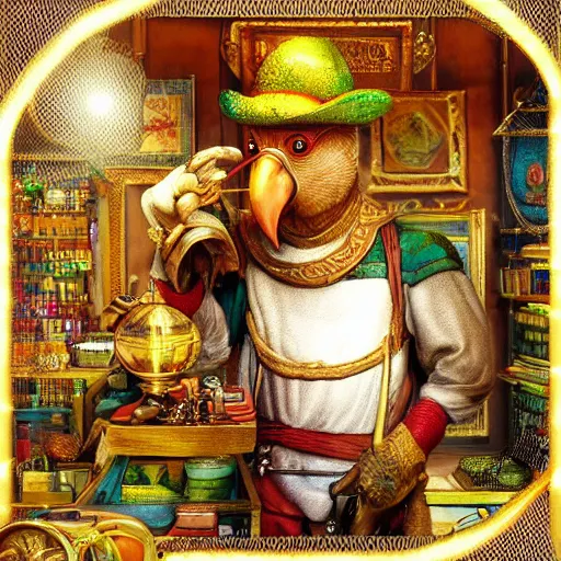 Image similar to Anthropomorphized parrot trader in his shop, selling his wares, portrait, items, gold, magic potions, carpet, window, fancy hat, sly expression , cunning expression, cute expression, long thick shiny gold beak, presenting wares, holding a gold bag, D&D, fantasy, cinematic lighting, highly detailed, digital painting, artstation, concept art, smooth, sharp focus, illustration, warm light, cozy warm tint, magic the gathering artwork, volumetric lighting, 8k, art by Akihiko Yoshida, Greg Rutkowski