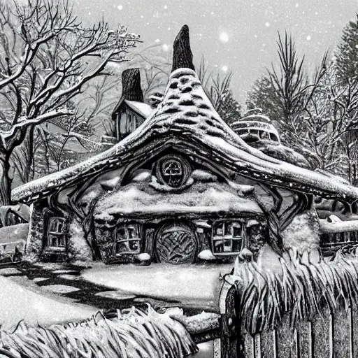 Image similar to detailed illustration of hobbiton in winter, from the lord of the rings