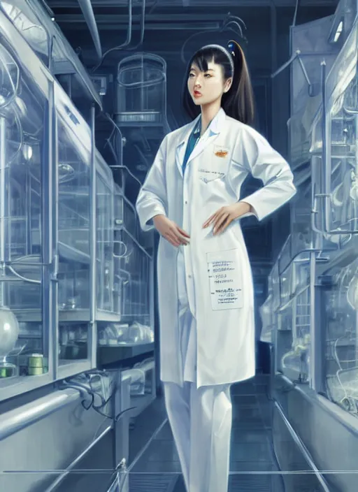 Prompt: beautiful asian girl, wearing lab coat, standing inside a research facility, character portrait, 1 9 6 0 s, long hair, intricate, elegant, highly detailed, digital painting, artstation, concept art, smooth, sharp focus, illustration, art by wlop, mars ravelo and greg rutkowski
