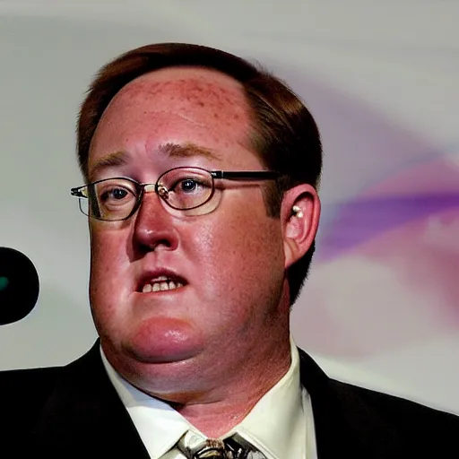 Prompt: 2 0 0 7 john lasseter wearing a black suit and black necktie giving a eulogy at a podium. his eyes are wet with tears, emotional, looks sad and solemn