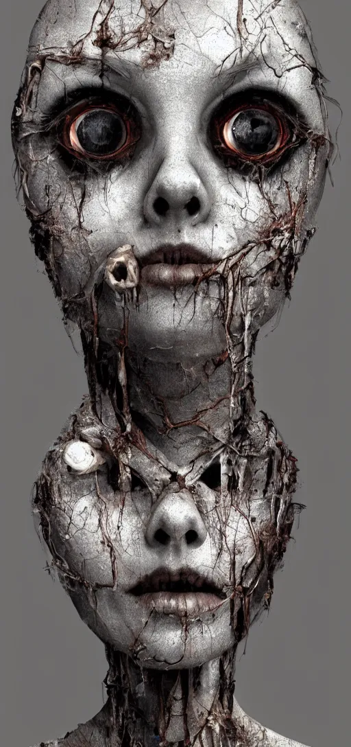 Prompt: old rotting mannequin staring at center of screen with wide large eyes, horror art, body horror, disturbing, intense, artstation, dramatic, scary, 4K, realistic,
