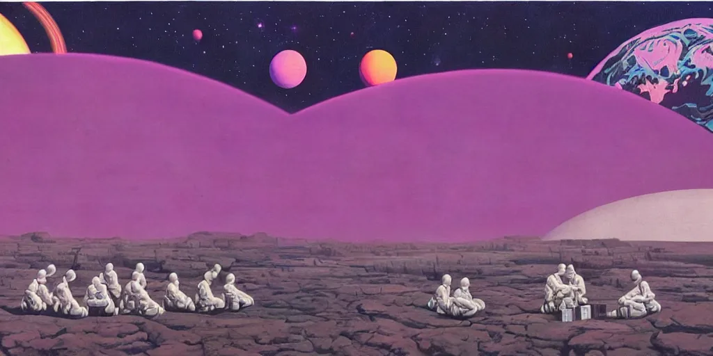 Image similar to surreal painting by chesley bonestell!!, twelve astronauts sitting by the river with a big holiday cake + psychedelic vegetation + purple, pink, blue + planets and stars + mystical fog, vintage sci - fi style of the 5 0 s, rule of the third!!!!, line graphics, 8 k, super detail, high quality