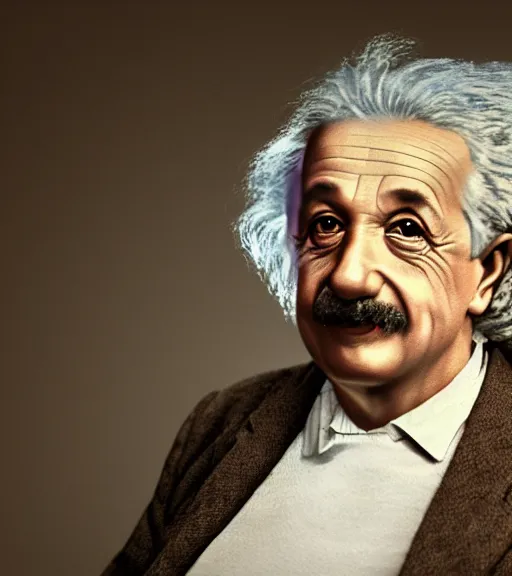 Image similar to high quality colored portrait of albert einstein, professional lighting, high detail, dslr, 8 k