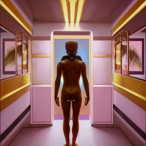 Image similar to indoor liminal space, astronaut, golden light, greg rutkowski, palm trees, pink door, minimalistic, hyperrealistic surrealism, award winning masterpiece with incredible details, epic stunning, infinity pool mirrors, a surreal vaporwave liminal space with mirrors, highly detailed, trending on artstation, artgerm and greg rutkowski and alphonse mucha, daily deviation