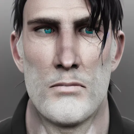 Image similar to a highly detailed portrait of a man without a beard, purple eyes, light gray long hair, wearing a black cloak, artstation, DeviantArt, professional, octane render