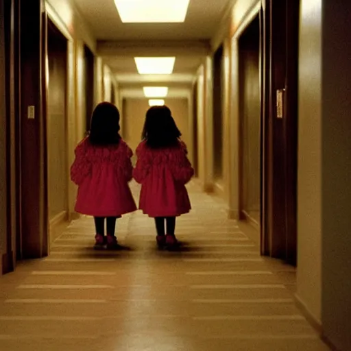 Image similar to two little girls staring at you from the hotel hallway, from the movie the shining