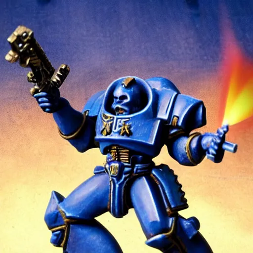 Image similar to An ultramarine who shoots a bolter at a House demon, in the background there are many other ultramarines who also open fire on demons, a very beautiful style,Warhammer Trailer Style 40000, Very detailed picture,