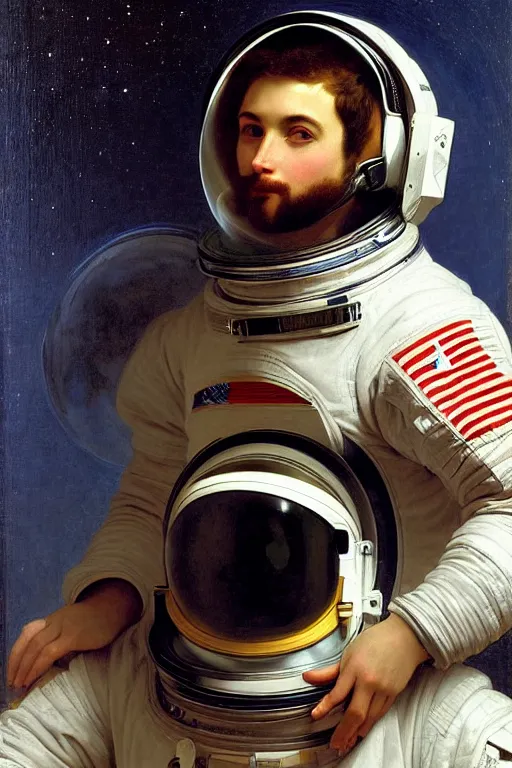 Image similar to a portrait of a male astronaut, wearing a spacesuit and helmet, by bouguereau