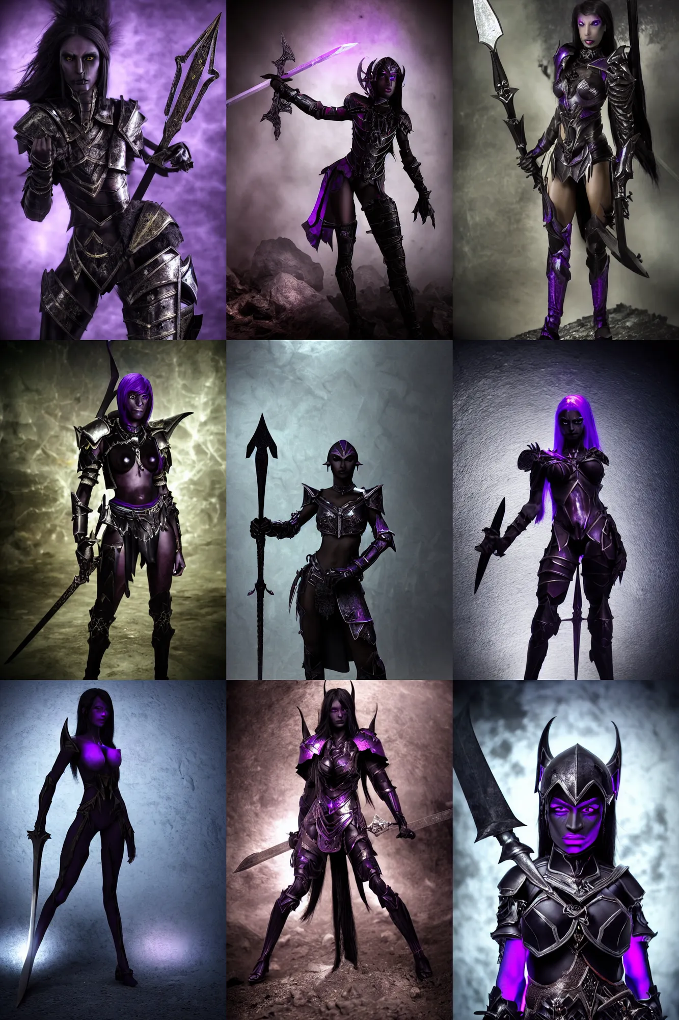 Prompt: an ultra high definition real life photograph of female dark elf with dark black purple skin wearing metal armour and sword sat in an underground environment. close up. three point lighting. volumetric. refraction. extremely detailed. soft focus. ambient light sources. haze artefacts, light glare, art directed. filmic.