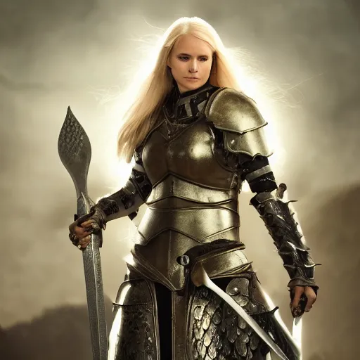 Image similar to a medieval fantasy warrior woman paladin, pretty face, wearing armor, holding a sword in front of her with long white radiant hair, excellent lighting and clear imagine, 4 k, cinematic, perfect face