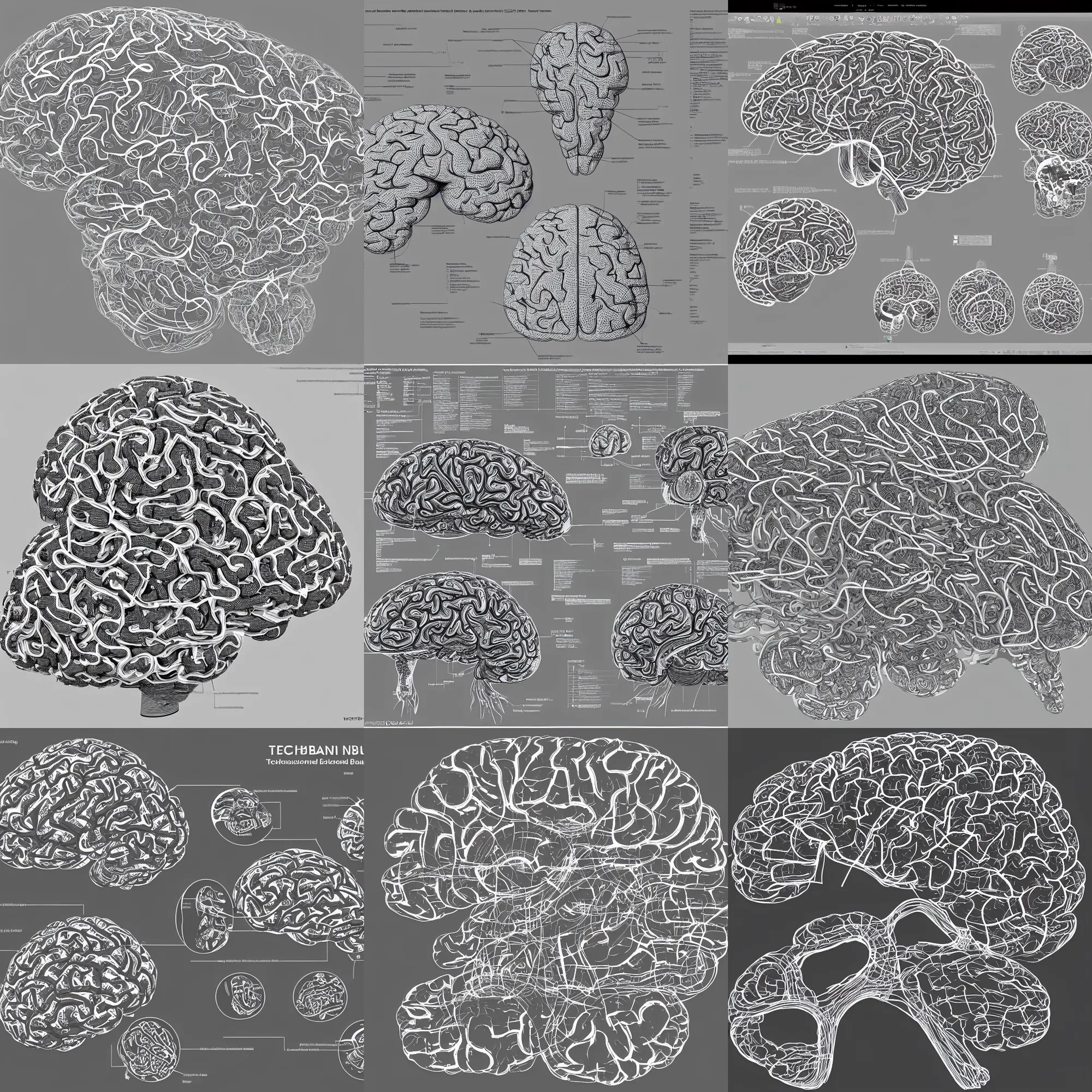 Prompt: technical diagram of a human brain, exploded view, autodesk autocad, schematic