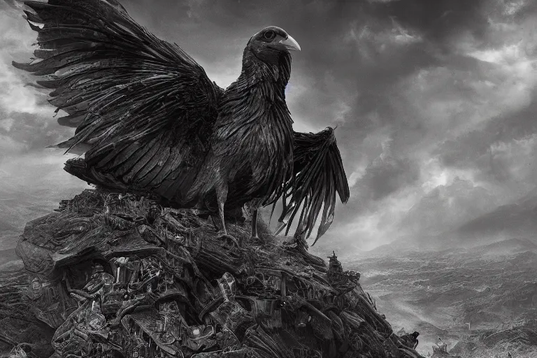 Prompt: For centuries the kingdom of Iraden has been protected by a god known as the Raven. Photo-realistic UHDR, hyperrealism, highly detailed, cinematic, luminescence, 32k, high contrast, intricate, mystery, epic, dark fantasy