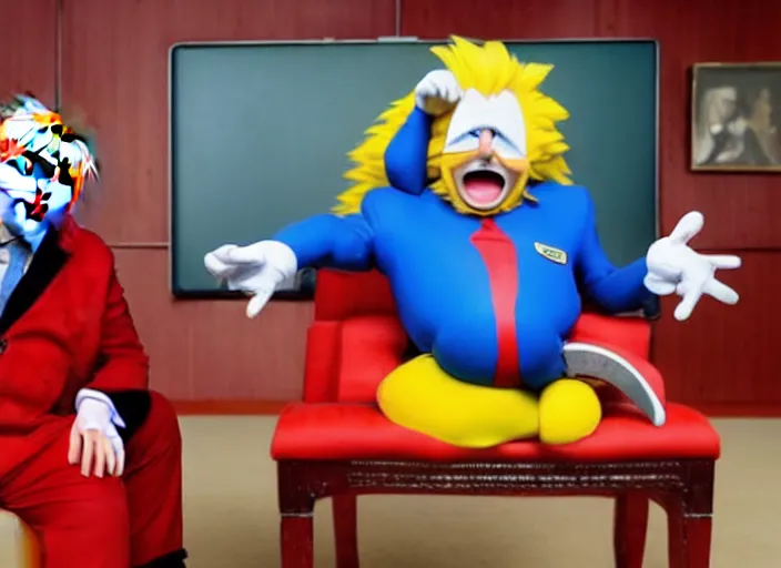 Image similar to Photo of Boris Johnson as Dr. Eggman from Sonic series, as Dr Ivo Eggman Robotnik form the Sonic The Hedgehog Games, sonic comics, wearing a red and yellow jumpsuit with black pants, sitting at the parlament meeting, giving an interview, highly detailed, 4k, HQ