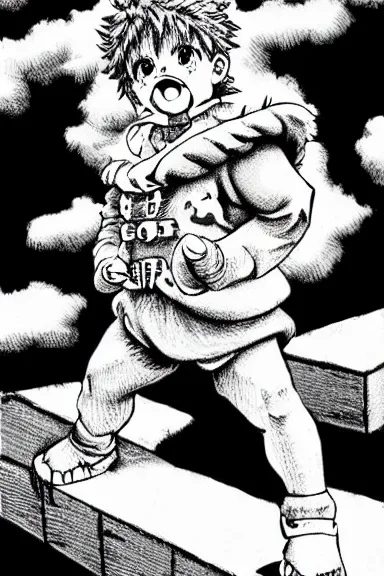 Image similar to attractive salvage little boy in lion suit, black and white artwork made by kentaro miura and yoshihiro togashi