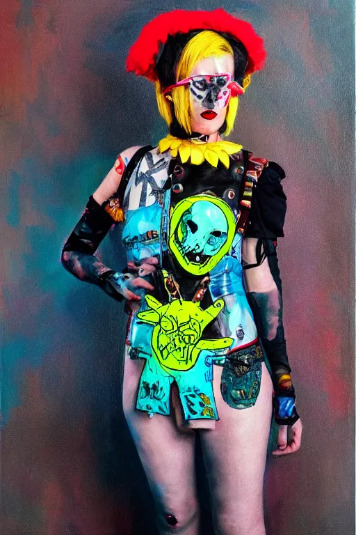 Prompt: a character wearing a diy! costume, punk, with fluo colored details and a transparent a mask, muted colors, vivienne westwood, nausicaa, hyper real painting