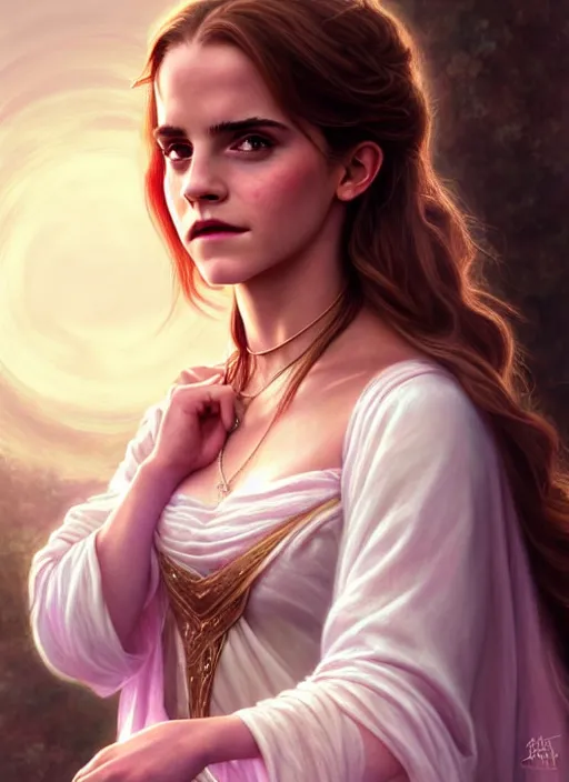 Image similar to emma watson as magic healer goddess, long hair, white and pink cloth, D&D, shiny background, intricate, elegant, highly detailed, digital painting, artstation, concept art, smooth, sharp focus, illustration, artgerm, bouguereau