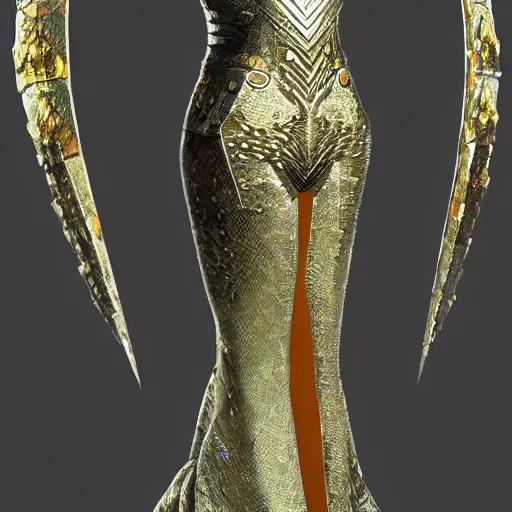 Image similar to concept art of a dragon scale armor dress. bright metallics, ornate detail. in the style of crystal dynamics