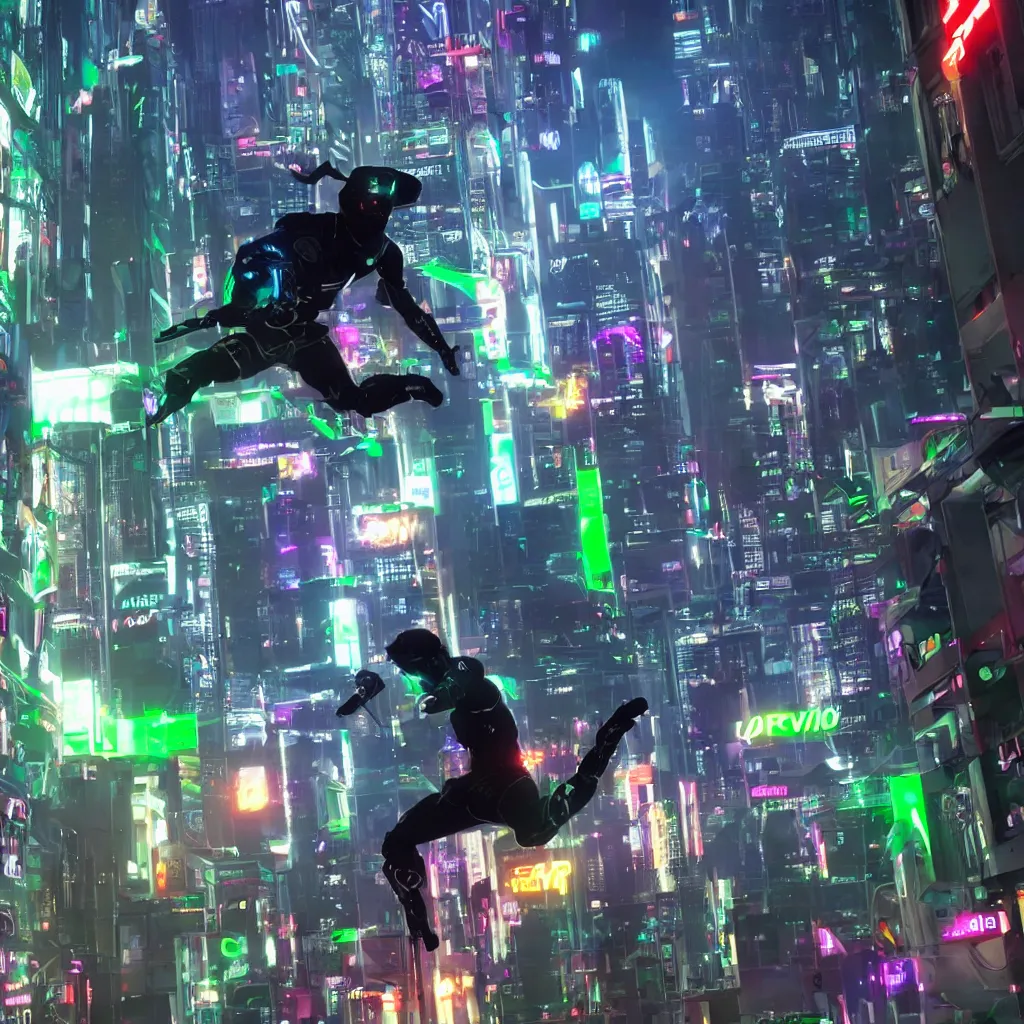 Prompt: green ctv footage of a cyborg ninja doing parkour in cyberpunk city with neon lights tron