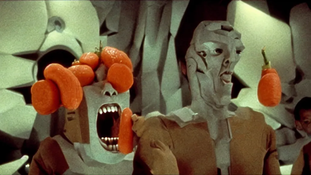 Image similar to giant monster made of carrots and sharp teeth eating people, star trek, film still from a movie directed by Denis Villeneuve with art direction by Salvador Dalí, wide lens