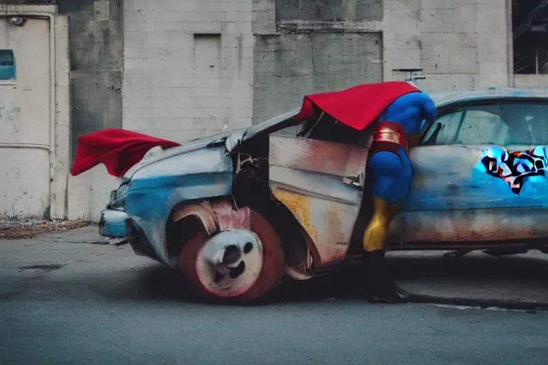 Prompt: superman pushing a broken car, chromatic, amber, direct sunlight, dslr, banksy, pastel, dof