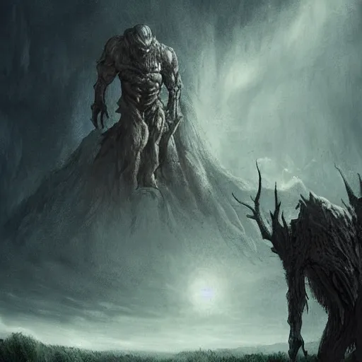 Image similar to a giant creature looms in the distance, towering over someone who is very small in comparison, horror art