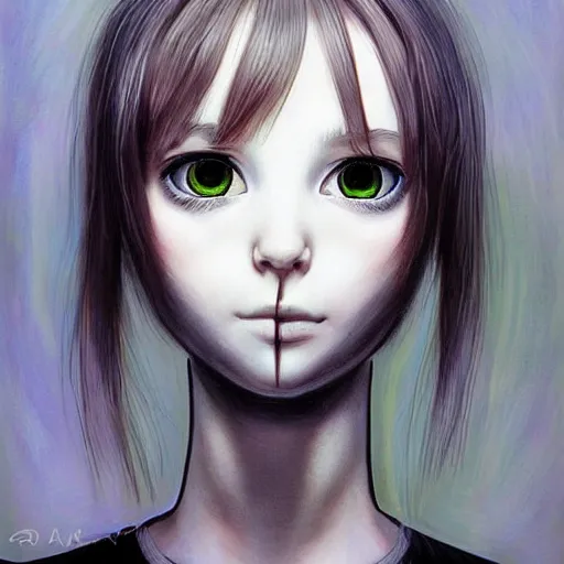 Image similar to beautiful pure evil teenager lain, cute but erratic haircut, with hundreds of network cables, neatly coming out of her head, a part of her face panel is showing, she is in pure bliss, chaos, bizarre, strange, portrait, painting, soft and intricate, fine lines, face is breaking like a porcelain doll, insanity by artgerm,