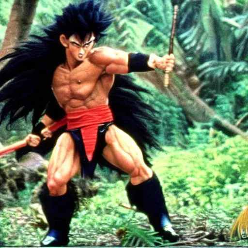 Image similar to Black-haired Saiyan warrior, fighting Yautja Predator in the jungle, 1987 cinematic, film quality