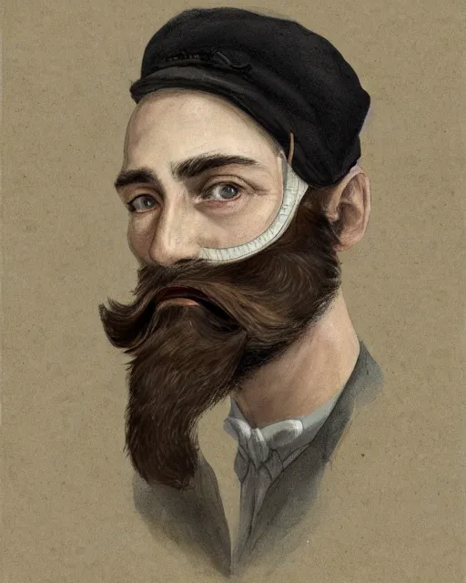 Image similar to a portrait of a male vintage thief with three-day beard, eye mask and cap by Cedric Peyravernay