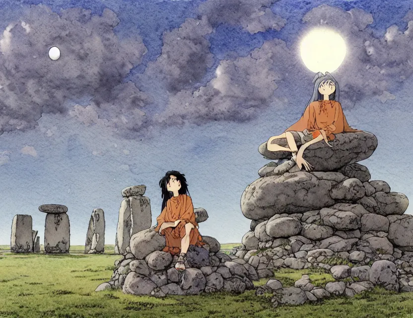 Prompt: a hyperrealist studio ghibli watercolor fantasy concept art of a giant long haired grey witch in lotus position sitting on top of the stones of stonehenge with a starry sky in the background. a ufo is in the sky. by rebecca guay, michael kaluta, charles vess